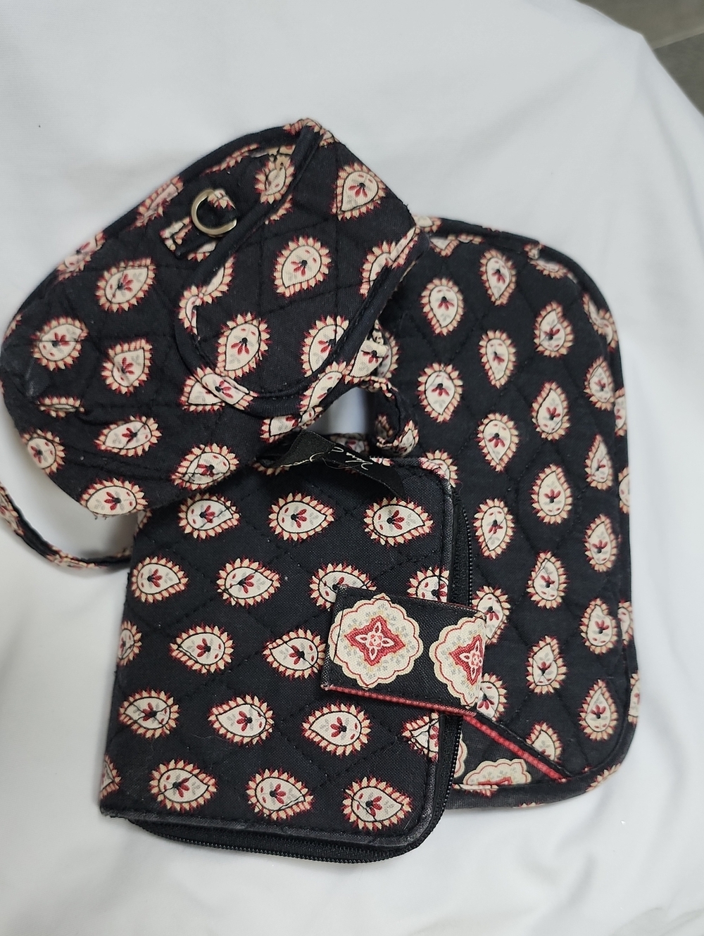 Vera Brsdley Quilted Black Floral Eyeglass Case, Wallet and Organizer Set